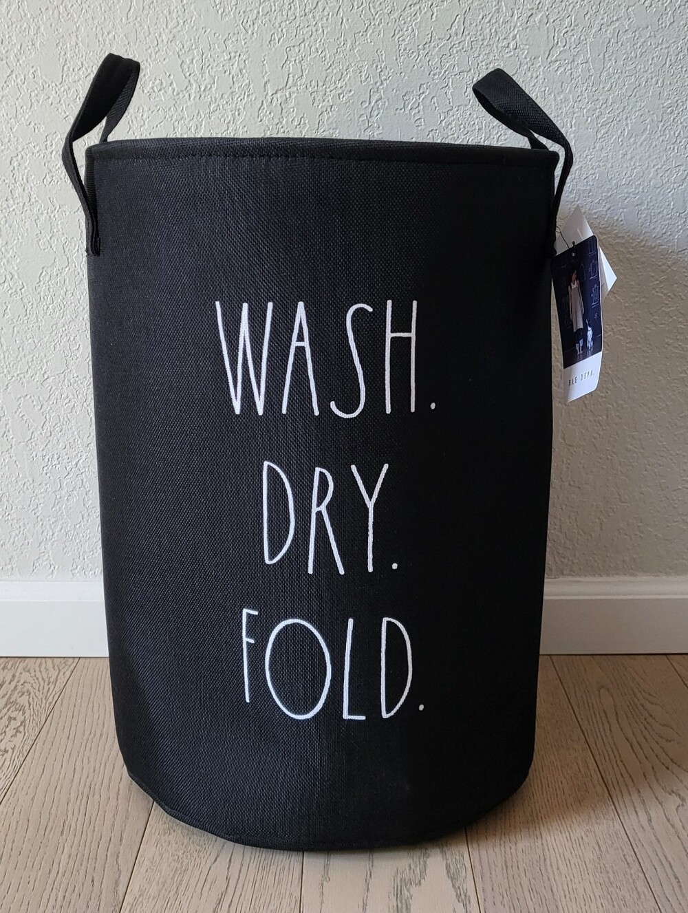 Rae Dunn Black Round Laundry Basket with White Text